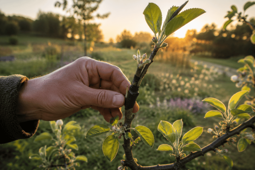 Bijzondere fruitrassen. Hand bij jonge fruitaanplant met geënte tak binnen een natuurlijke fruitstructuur bij Kernlo tijdens avondlicht