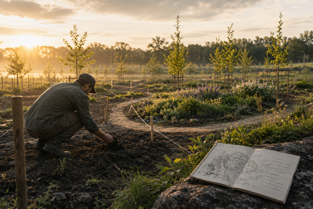 Bodem structuur. Persoon onderzoekt bodem tussen jonge fruitstructuren en uitgezette lijnen op een terrein in ontwikkeling bij Kernlo.