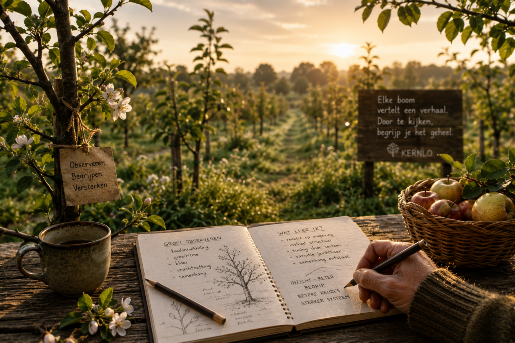 Fruitgroei observeren - Notitieboek tussen jonge fruitstructuren tijdens observatie van groei, bloei en ontwikkeling binnen het landschap van Kernlo