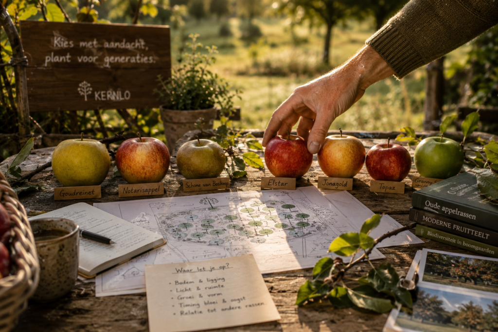 Fruitrassen kiezen - Jonge fruitaanplant met variatie in groeivorm en structuur binnen een natuurlijk terrein bij Kernlo tijdens avondlicht