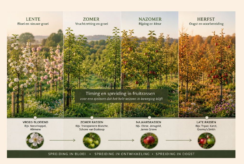 fruitrassen spreiding - Overzicht van fruitrassen met verschillende bloei-, groei- en oogstmomenten binnen een natuurlijke fruitstructuur bij Kernlo