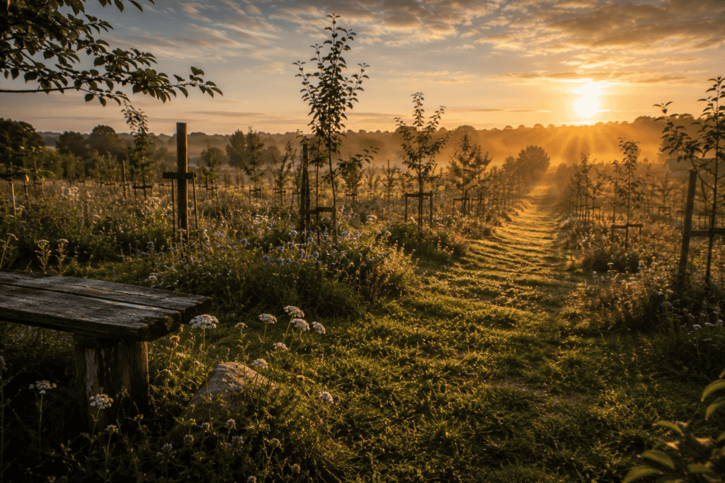 Jonge fruitstructuren binnen een kruidenrijk landschap waarbij ritme, zichtlijnen en seizoensontwikkeling zichtbaar samenkomen bij Kernlo