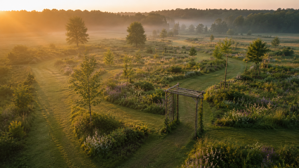 Grond als systeem. Gelaagd landschap met zichtlijnen, jonge aanplant en natuurlijke structuur binnen een terrein dat als systeem wordt ontwikkeld bij Kernlo