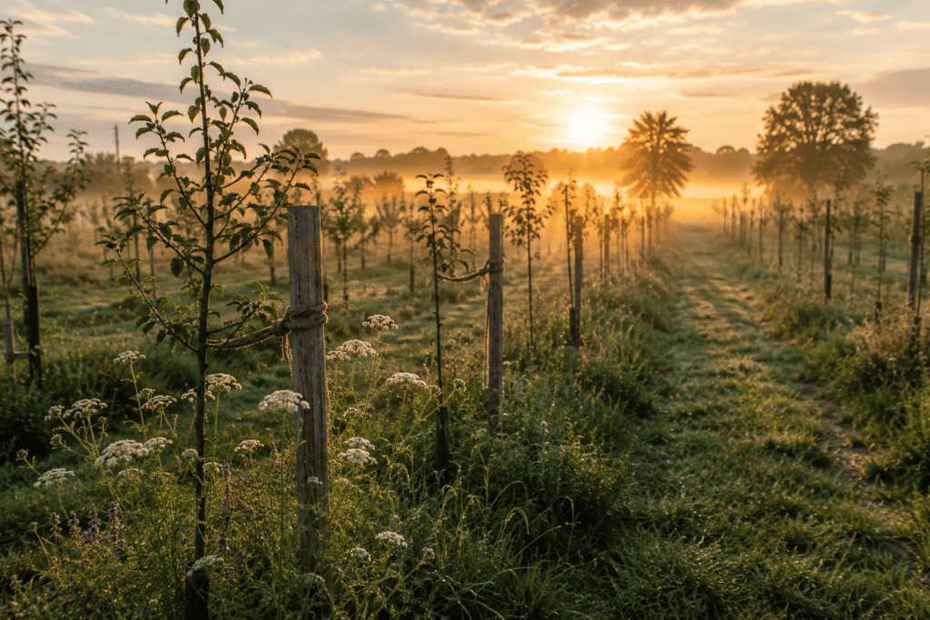 Jonge aanplant brengt ritme, zichtlijnen en natuurlijke richting in het landschap van Kernlo tijdens zonsopkomst