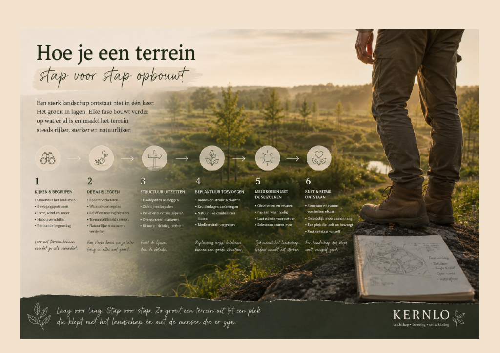 Terrein in opbouw met natuurlijke structuren, jonge fruitbomen en kruidenvakken bij Kernlo