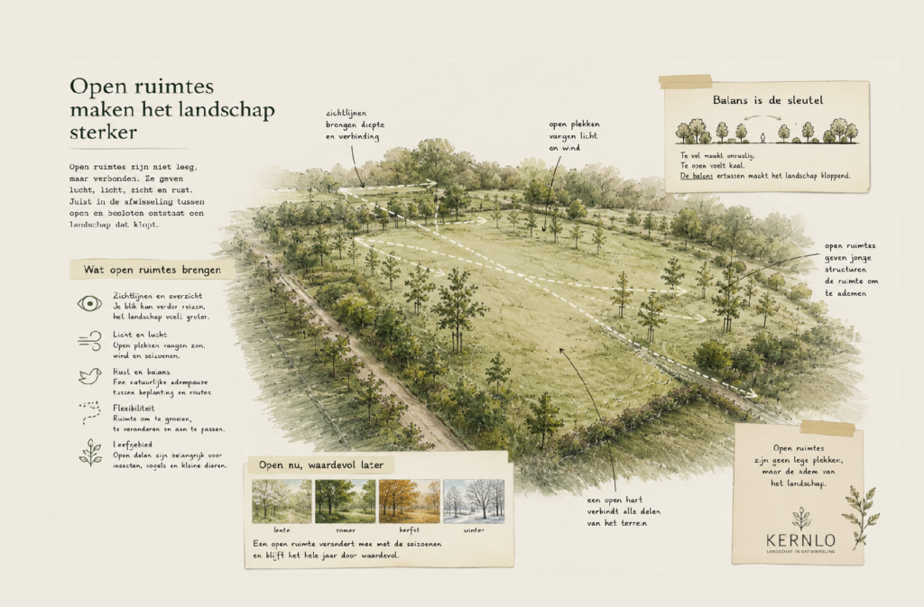 Open ruimtes in een landschap tussen jonge fruitstructuren brengen zichtlijnen, rust en natuurlijke balans in het landschap van Kernlo