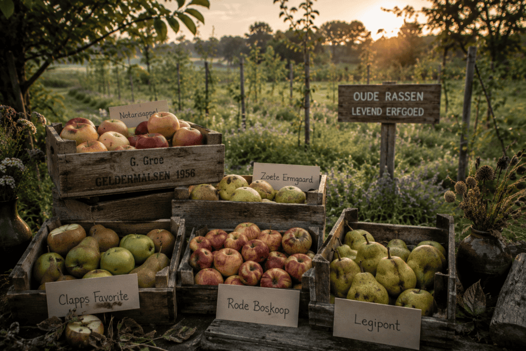 Kisten met oude fruitrassen in een landschap vol jonge fruitstructuren waarbij biodiversiteit, karakter en seizoensbeleving samenkomen binnen Kernlo