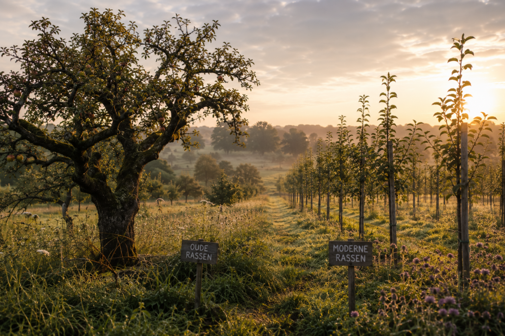 Oude en moderne fruitrassen. Hoogstamfruitboom naast jonge moderne fruitaanplant binnen een natuurlijk landschap bij Kernlo tijdens avondlicht