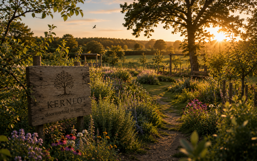 Kernlo landschap met kruiden, bloemen en fruitstructuren in avondlicht