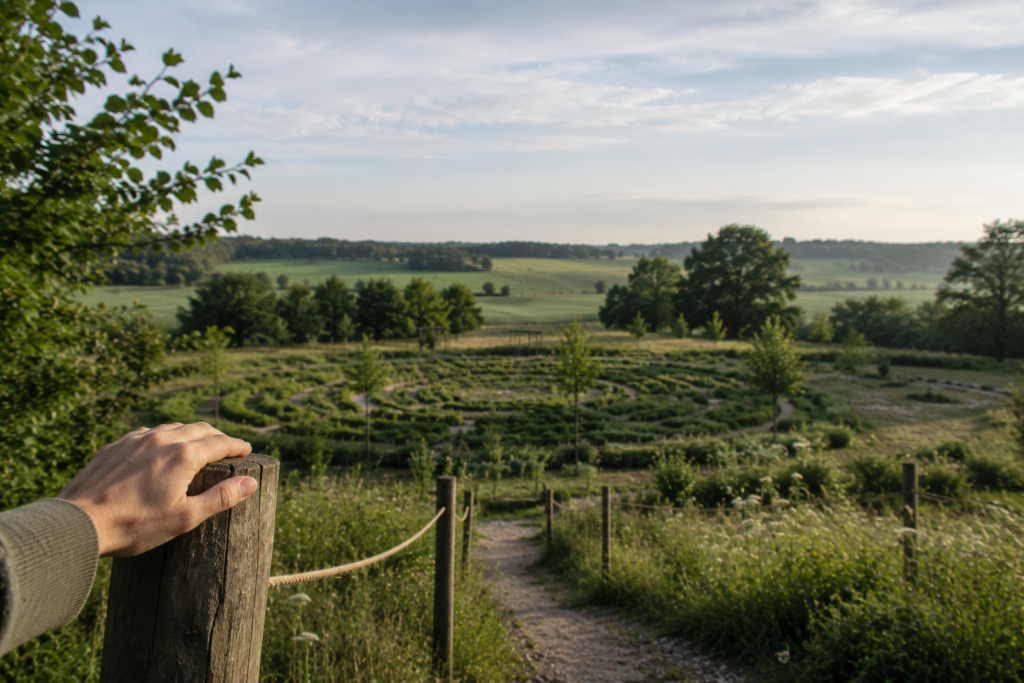 Uitzicht over een open landschap met kruidenlabyrint waarbij ruimte, overzicht en rust zichtbaar samenkomen binnen Kernlo