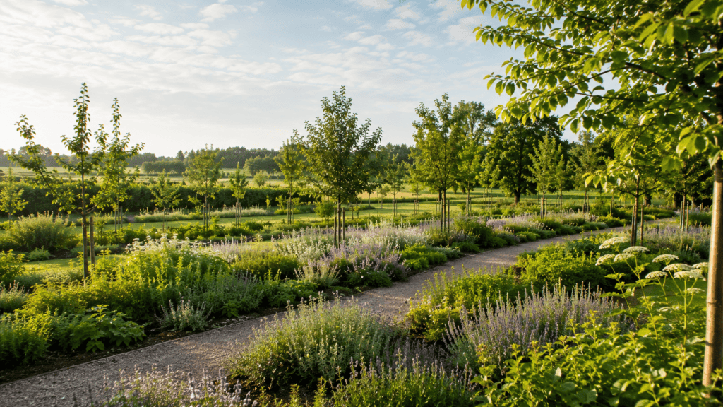 Samenhangend systeem: Gelaagde kruidenstructuren en jonge fruitbomen binnen een samenhangend landschap bij Kernlo