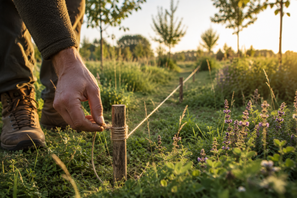 Hand die lijnen uitzet om structuur aan te brengen tussen kruidenbeplanting en jonge bomen bij Kernlo tijdens avondlicht