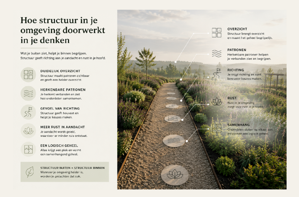 Structuur in je omgeving - Gestructureerd pad door een kruidenrijk landschap waarin lijnen, patronen en rust zichtbaar doorwerken in aandacht en denken