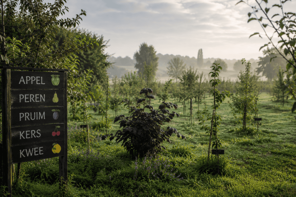 Varialtie in fruitrassen. Verschillende jonge fruitrassen binnen een open landschap waarbij variatie, biodiversiteit en natuurlijke structuur zichtbaar samenkomen bij Kernlo