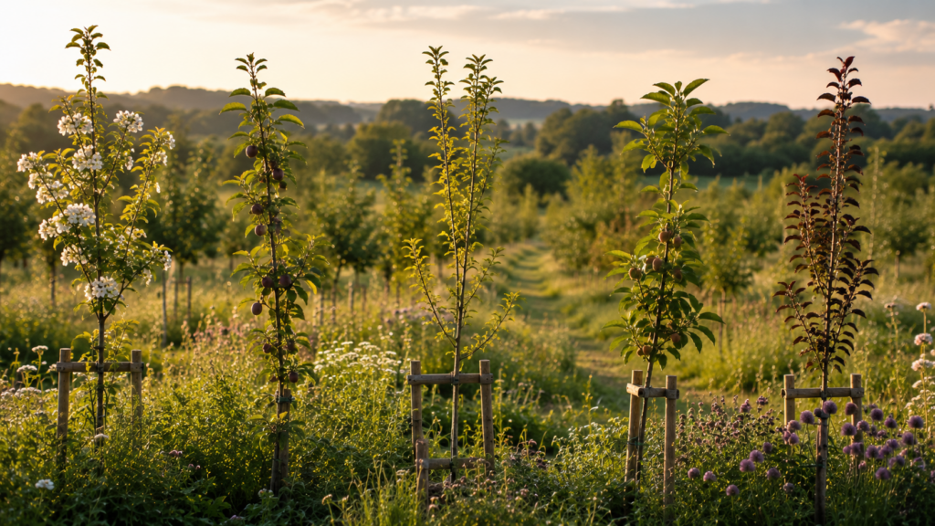Variatie in fruitrassen. Verschillende jonge fruitrassen met variatie in vorm en bloei binnen een natuurlijke fruitstructuur bij Kernlo tijdens avondlicht