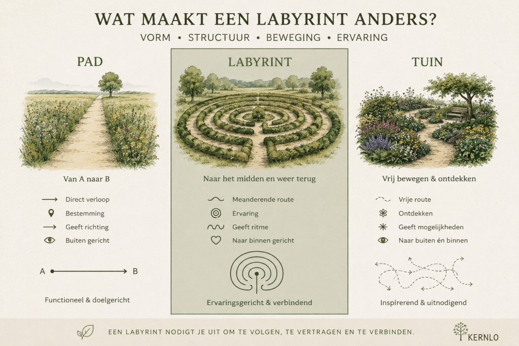 Labyrint - Vergelijking tussen een pad, een klassiek kruidenlabyrint en een siertuin met focus op beweging, structuur en ervaring