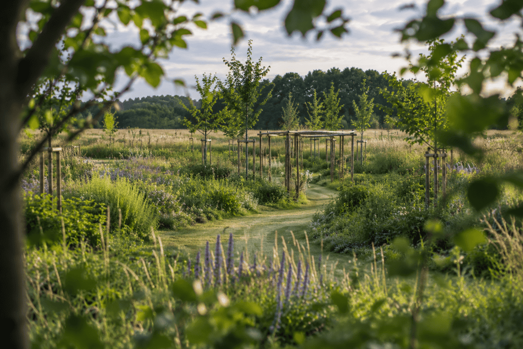 Werken in lagen is krachtig. Natuurlijke terreinstructuren met jonge bomen, kruidenbeplanting en gemaaide paden binnen een gelaagd landschap bij Kernlo