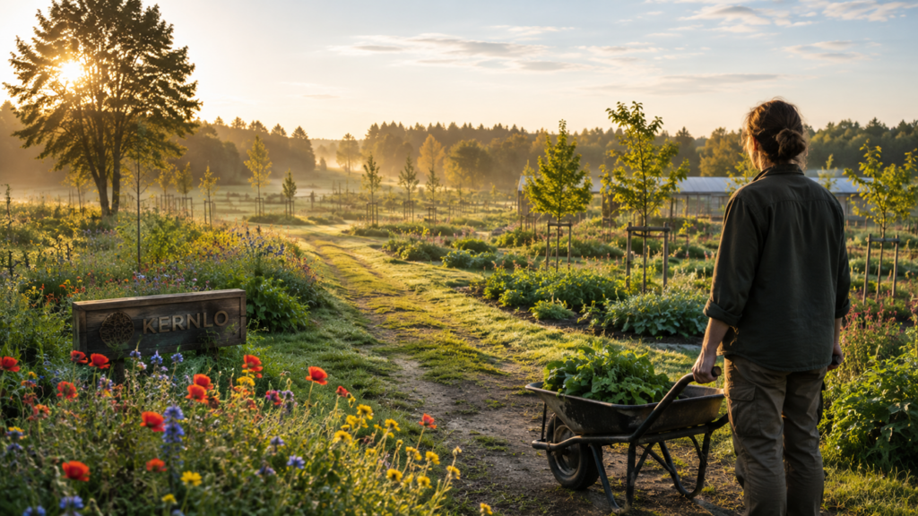 Persoon kijkt uit over een terrein in ontwikkeling met jonge fruitbomen, kruiden en bloemenstroken